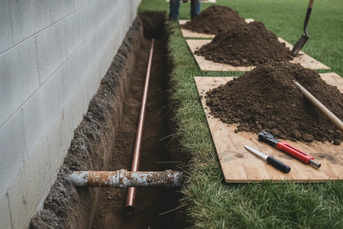 Excavated water line trench during Water Softener Installation in Veyo